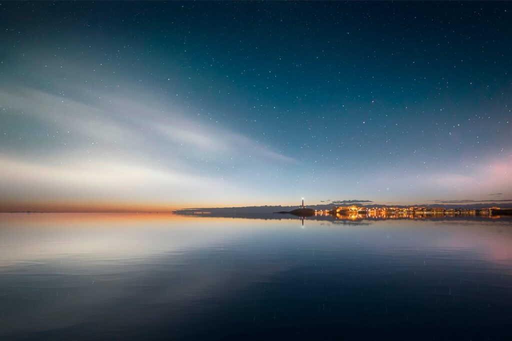 landscape, nature, night, sea, darling, clouds, lighthouse, star, reflection